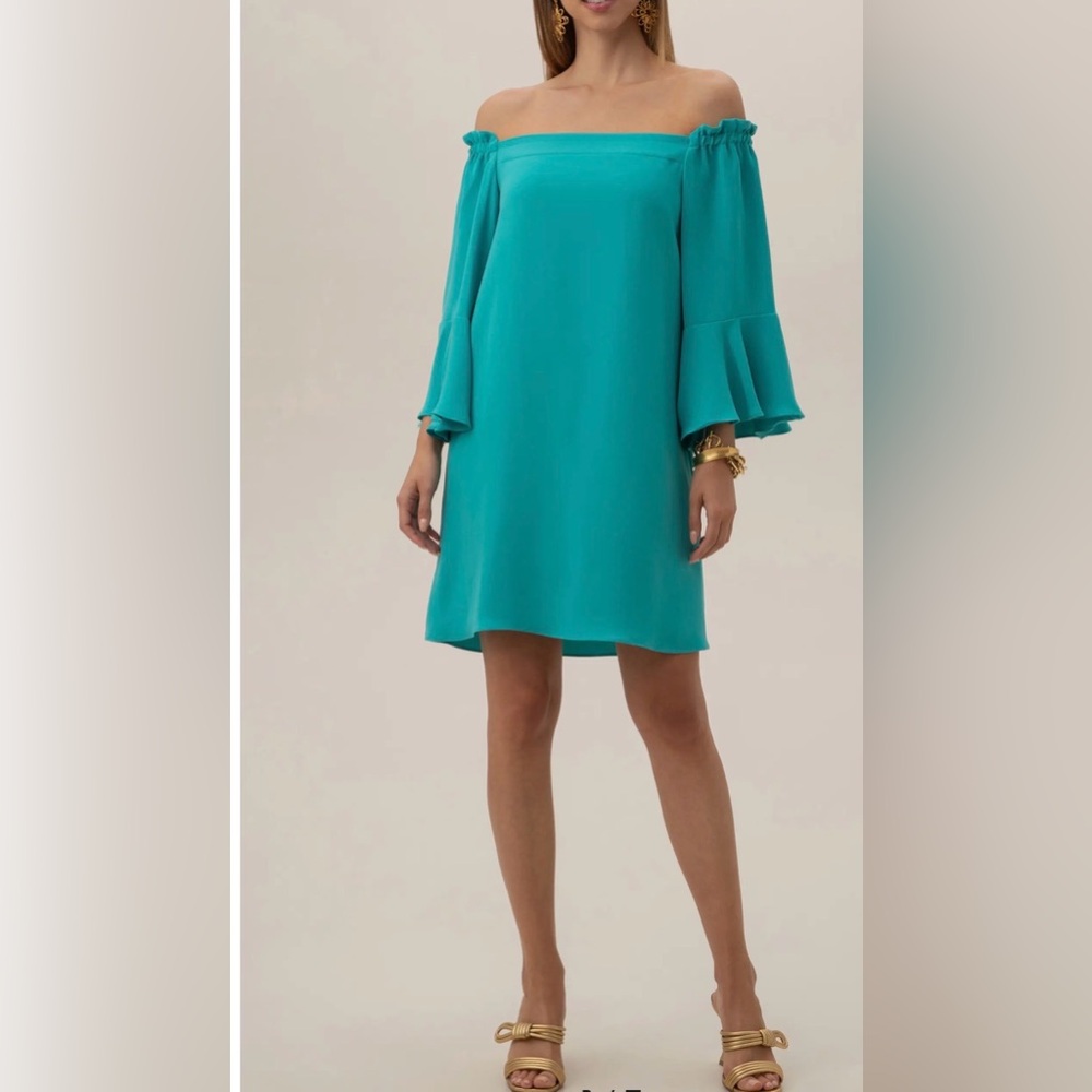 Trina Turk Knox Long Sleeve Off-Shoulder Flared-Sleeve Turquoise Dress XS or M